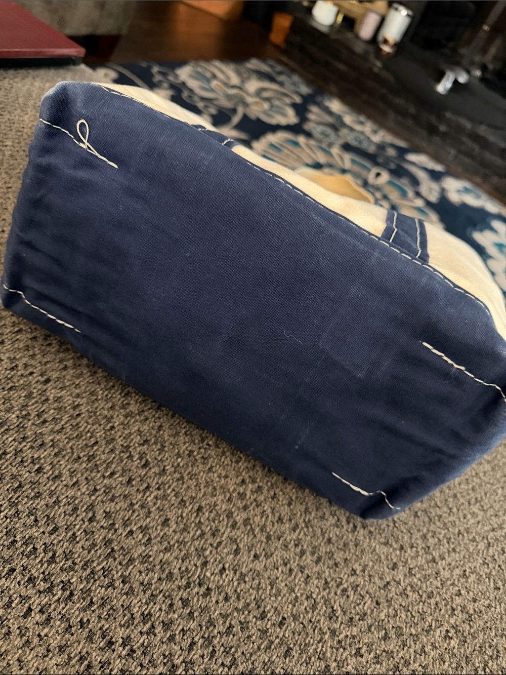 L.L. Bean Vtg Cream Canvas Tote with Navy Handles and Kellogg's Patch sack Em up - Picture 5 of 9